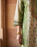 Sage Green Viscose Silk Straight Suit Set with Paisley Print