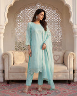 Sky Blue Silk Blend Straight Suit Set