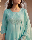 Sky Blue Silk Blend Straight Suit Set 