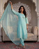 Sky Blue Silk Blend Straight Suit Set