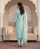 Sky Blue Silk Blend Straight Suit Set