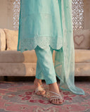 Sky Blue Silk Blend Straight Suit Set