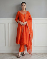 Tangerine Orange Embroidered Silk Blend Suit Set