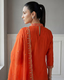 Tangerine Orange Embroidered Silk Blend Suit Set
