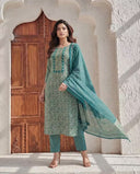 Teal Green Embroidered Cotton Suit Set
