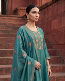 Turquoise Blue Vichitra Kalidaar Silk Suit Set
