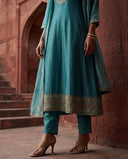 Turquoise Blue Vichitra Kalidaar Silk Suit Set