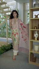 Ivory Pink Floral Print Cotton Suit Set with Beads And Stones Lace