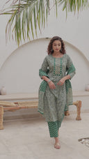 Teal Green Embroidered Cotton Suit Set