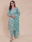 Ocean Blue Cotton Floral Print Suit Set