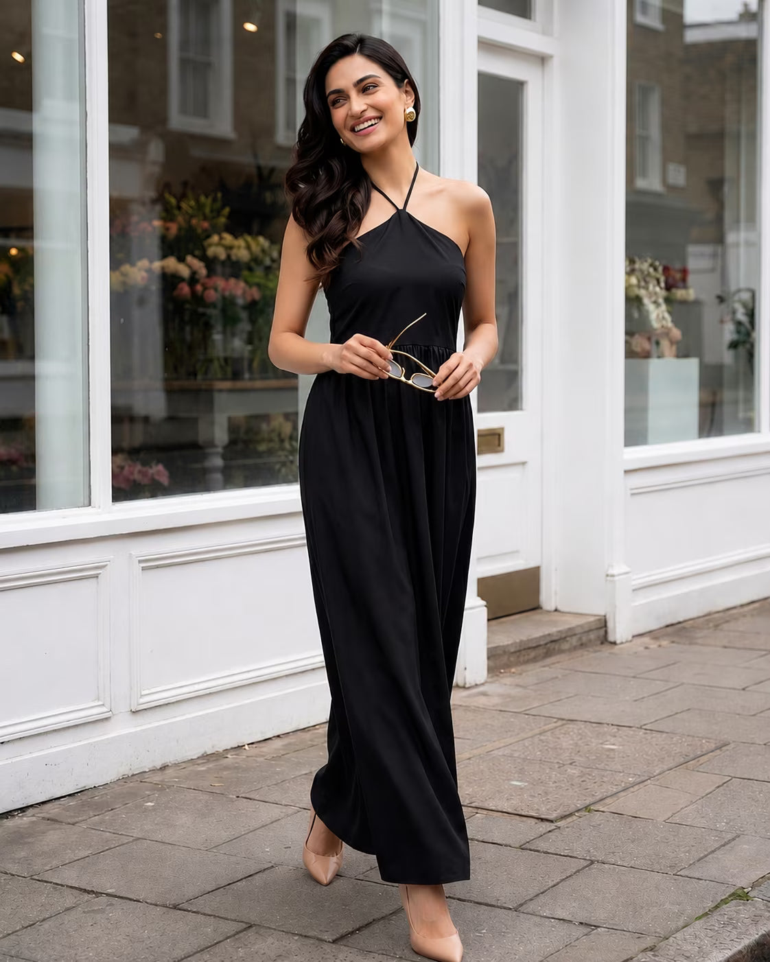 Black Halter Neck Smocked Long Dress