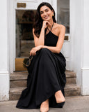 Black Halter Neck Smocked Long Dress