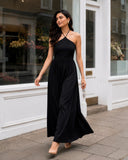 Black Halter Neck Smocked Long Dress