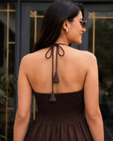 Chocolate Brown Halter Neck Smocked Long Dress