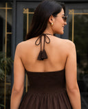 Chocolate Brown Halter Neck Smocked Long Dress