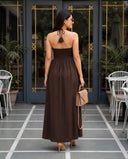 Chocolate Brown Halter Neck Smocked Long Dress