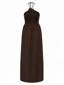Chocolate Brown Halter Neck Smocked Long Dress