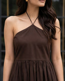 Chocolate Brown Halter Neck Smocked Long Dress
