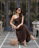 Chocolate Brown Halter Neck Smocked Long Dress