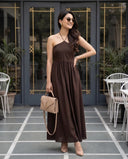 Chocolate Brown Halter Neck Smocked Long Dress