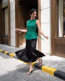 Mila Emerald Green Lace-Up Top & Black Midi Skirt