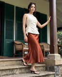 Mila Ivory White Lace-Up Top & Terracotta Midi Skirt