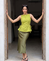 Mila Matcha Green Lace-Up Top & Olive Midi Skirt
