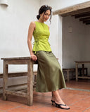 Mila Matcha Green Lace-Up Top & Olive Midi Skirt