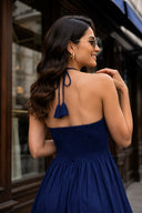 Midnight Blue Halter Neck Smocked Long Dress