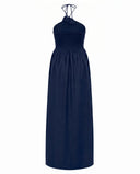 Midnight Blue Halter Neck Smocked Long Dress
