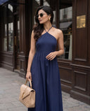 Midnight Blue Halter Neck Smocked Long Dress