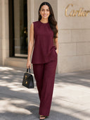 Wine Red Cotton Sleeveless Co-Ord Set