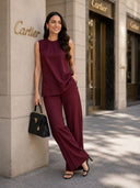 Wine Red Cotton Sleeveless Co-Ord Set