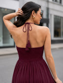 Red Wine Halter Neck Smocked Long Dress