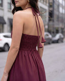 Wine Red Halter Neck Smocked Long Dress