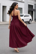 Red Wine Halter Neck Smocked Long Dress