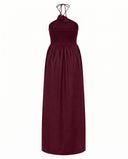 Red Wine Halter Neck Smocked Long Dress