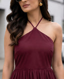 Red Wine Halter Neck Smocked Long Dress