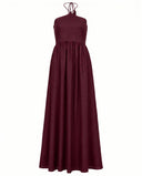 Red Wine Halter Neck Smocked Long Dress