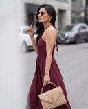 Red Wine Halter Neck Smocked Long Dress