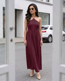Red Wine Halter Neck Smocked Long Dress